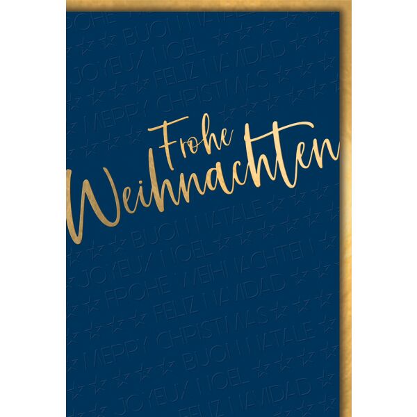 Weihnachten Grußkarte mit Umschlag Goldschrift schräg Sterne dunkelblau