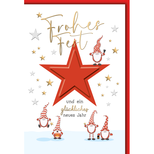 Weihnachten Grußkarte mit Umschlag Roter Stern und fünf Wichtel