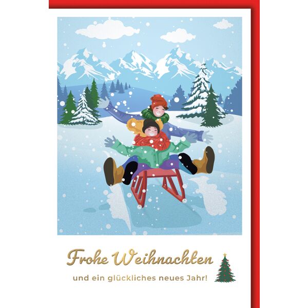 Weihnachten Grußkarte mit Umschlag Kinder auf Schlitten