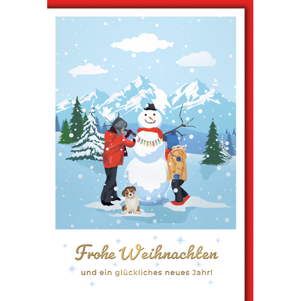 Weihnachten Grußkarte mit Umschlag Kinder Hund Schneemann