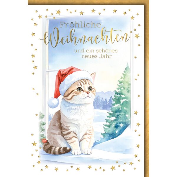 Weihnachten Grußkarte mit Umschlag Katze mit Weihnachtsmütze am Fenster