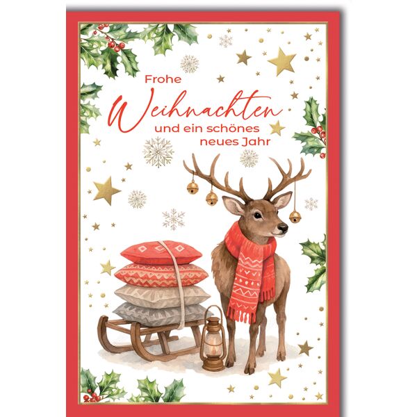 Weihnachten Grußkarte mit Umschlag Schlitten Hirsch rote Umrandung