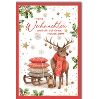 Weihnachten Grußkarte mit Umschlag Schlitten Hirsch...