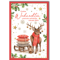 Weihnachten Grußkarte mit Umschlag Schlitten Hirsch...