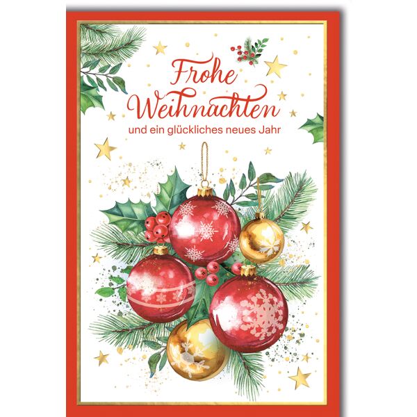 Weihnachten Grußkarte mit Umschlag Rote Kugeln Sterne Zweige