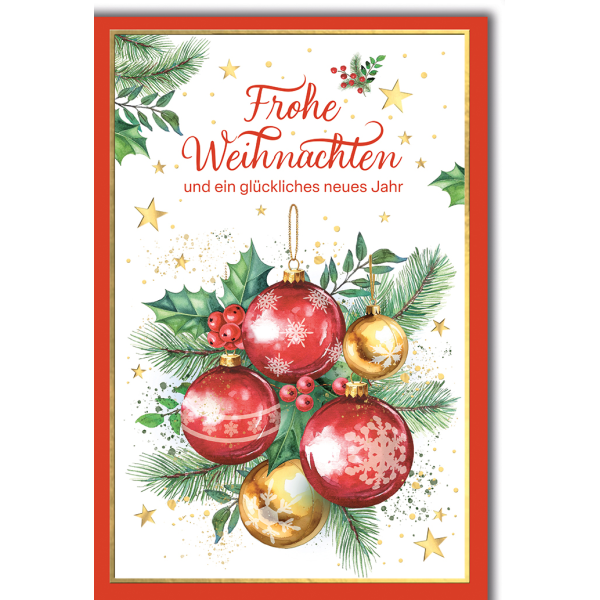 Weihnachten Grußkarte mit Umschlag Rote Kugeln Sterne Zweige
