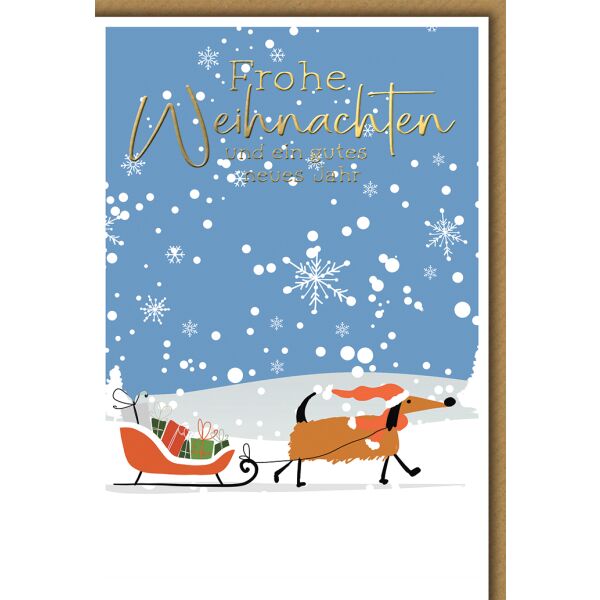 Weihnachten Grußkarte mit Umschlag Dackel zieht Schlitten Schnee