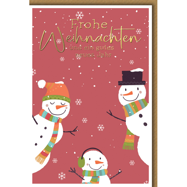 Weihnachten Grußkarte mit Umschlag Drei Schneemänner auf Rot