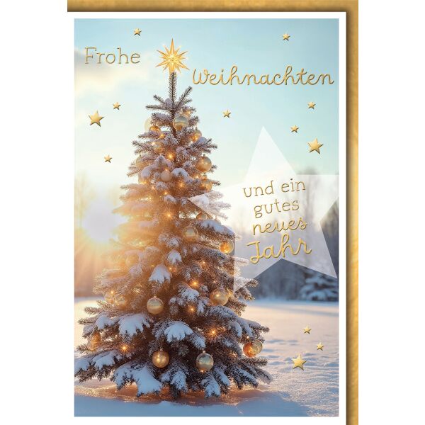 Weihnachten Grußkarte mit Umschlag Geschmückte Tanne im Schnee