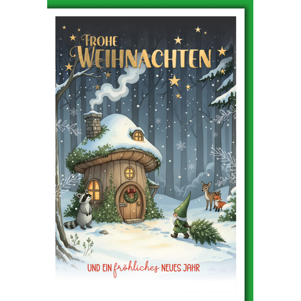 Weihnachten Grußkarte mit Umschlag Wichtelhütte Waldtiere