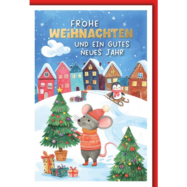 Weihnachten Grußkarte mit Umschlag Maus schmückt Tanne