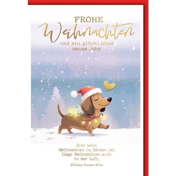 Weihnachten Grußkarte mit Umschlag Dackel mit Lichterkette und Herz
