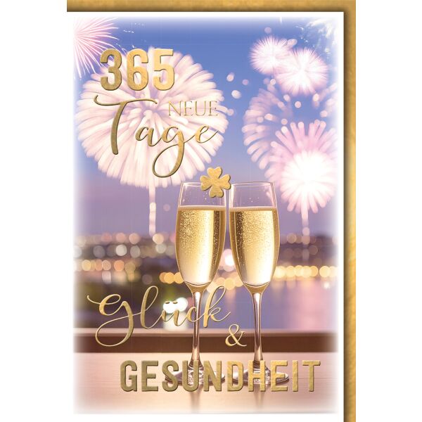 Neujahr Silvester Grußkarte mit Umschlag Sektgläser Feuerwerk am See