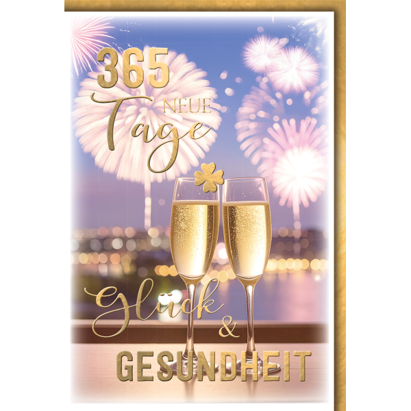 Neujahr Silvester Grußkarte mit Umschlag Sektgläser Feuerwerk am See