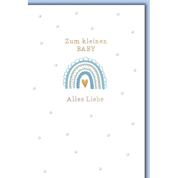 Geburt Baby Junge Grußkarte mit Umschlag blauer Regenbogen goldenes Herz