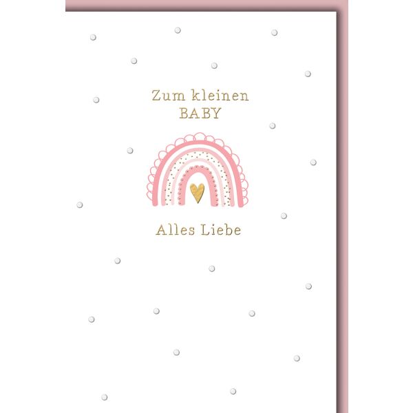 Geburt Baby Mädchen Grußkarte mit Umschlag rosa Regenbogen goldenes Herz
