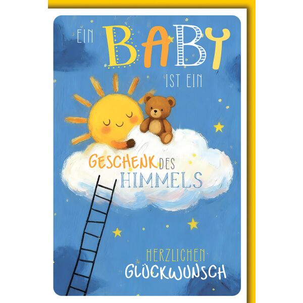 Geburt Baby Grußkarte mit Umschlag Sonne und Bär auf Wolke