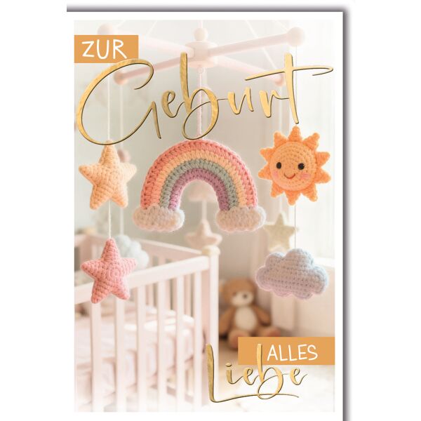 Geburt Baby Grußkarte mit Umschlag Mobile mit Strickmotiven