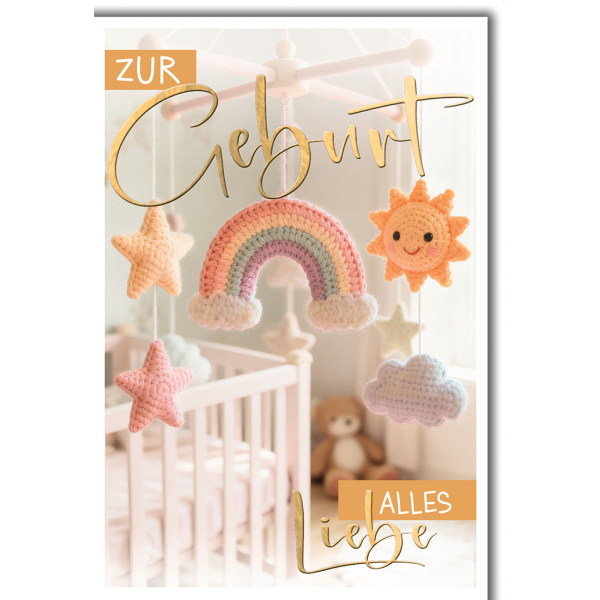Geburt Baby Grußkarte mit Umschlag Mobile mit Strickmotiven