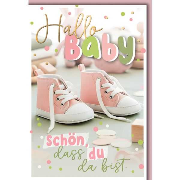 Geburt Baby Mädchen Grußkarte mit Umschlag rosa Babysneaker