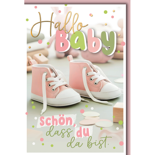 Geburt Baby Mädchen Grußkarte mit Umschlag rosa Babysneaker