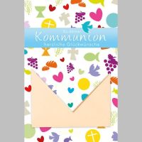 Kommunion Glückwunschkarte mit Umschlag Bunte Symbole