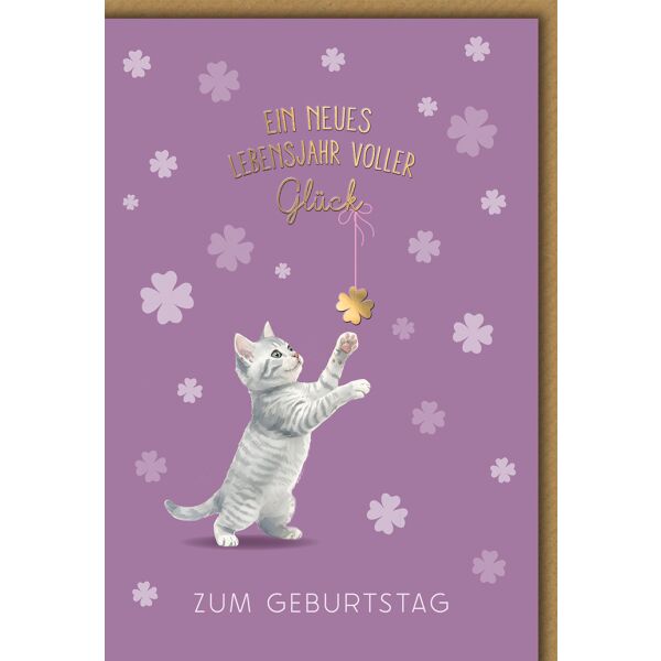 Geburtstag Grußkarte mit Umschlag spielende Katze, Kleeblatt
