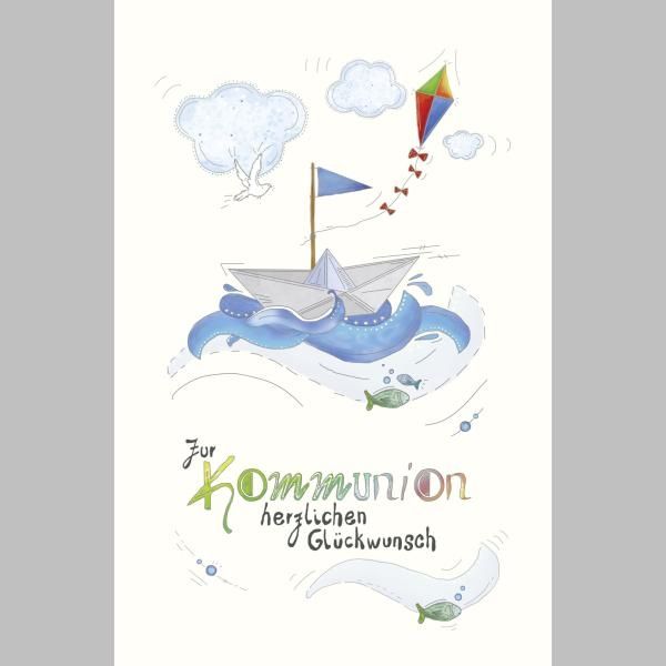 Kommunion Naturkarton Glückwunschkarte mit Umschlag Papierboot mit Fahne und Drachen auf Wasser, Wolken, Taube