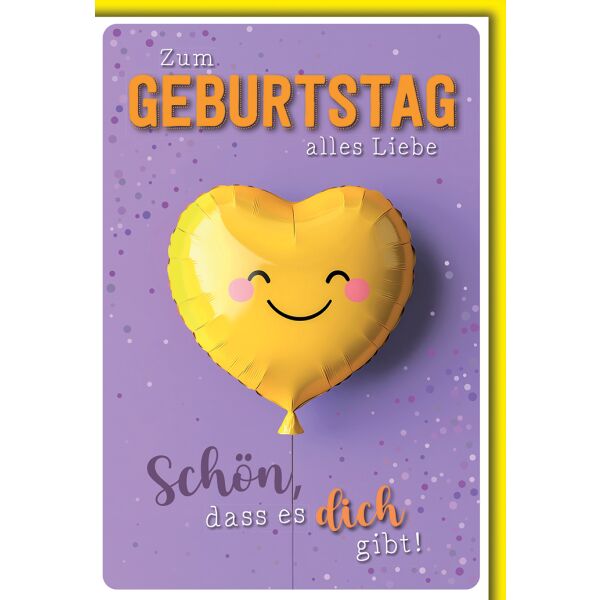 Geburtstag Grußkarte mit Umschlag gelber Herzluftballon