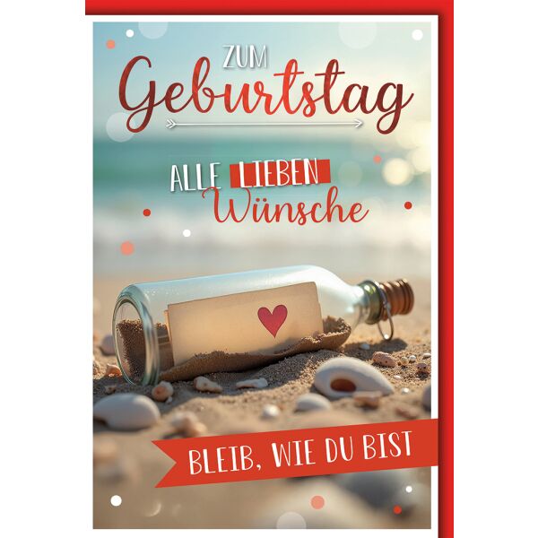 Geburtstag Grußkarte mit Umschlag Flaschenpost mt Herz