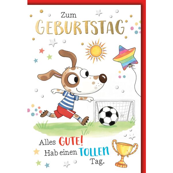 Kindergeburtstag Grußkarte mit Umschlag Hund in Fußballkleidung