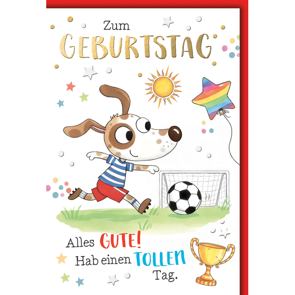 Kindergeburtstag Grußkarte mit Umschlag Hund in Fußballkleidung
