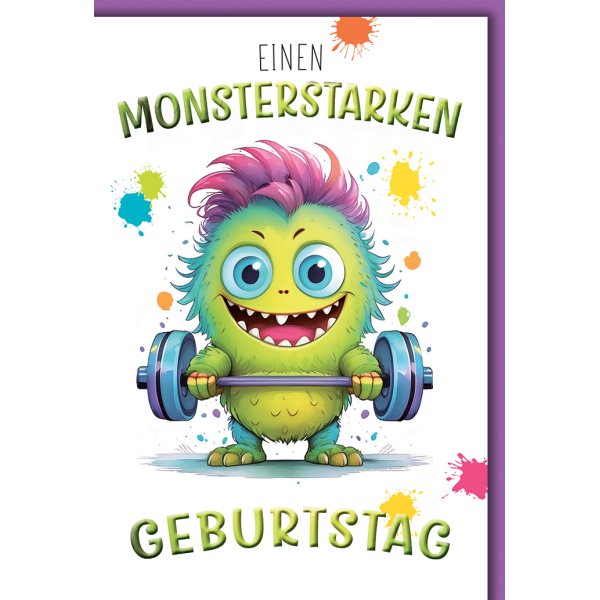 Kindergeburtstag Grußkarte mit Umschlag grünes Monster mit Hantel
