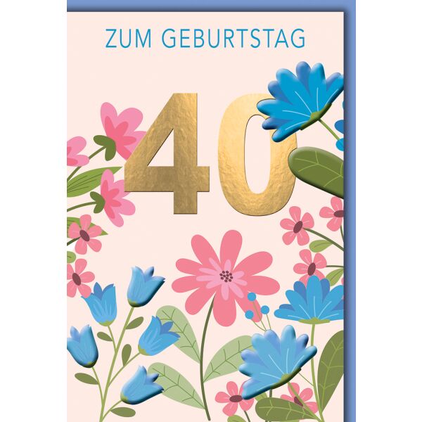 40. Geburtstag Grußkarte mit Umschlag bunte Blumen Retro