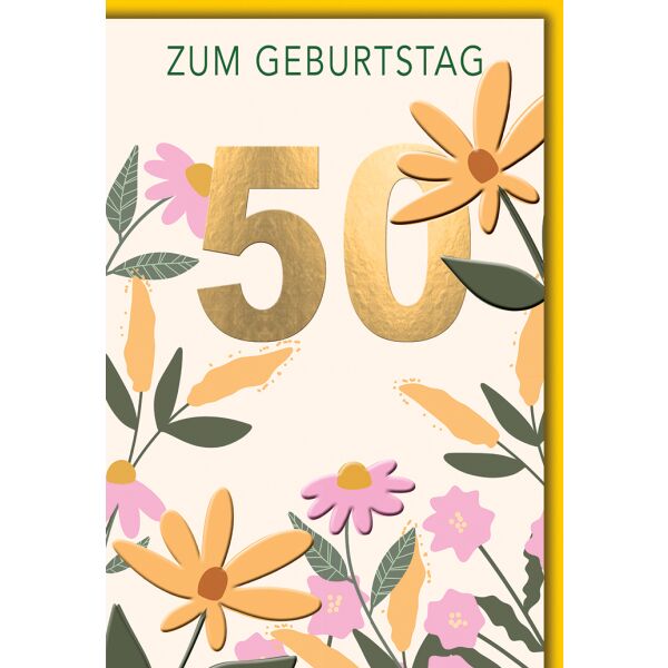 50. Geburtstag Grußkarte mit Umschlag bunte Blumen Retro