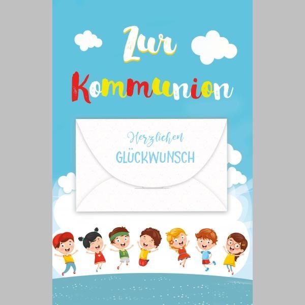 Kommunion Geldkarte Glückwunschkarte mit Umschlag Wolken, springende Kinder