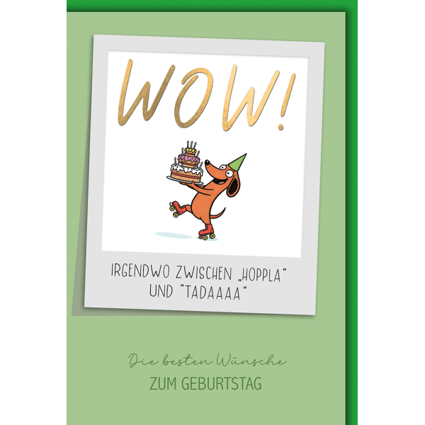 Geburtstag Humor Grußkarte mit Umschlag Hund auf Rollschuhen Torte