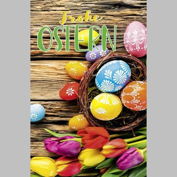 Ostern Glückwunschkarte mit Umschlag bunte Eier, Nest, Tulpen