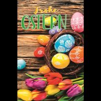 Ostern Glückwunschkarte mit Umschlag bunte Eier, Nest, Tulpen