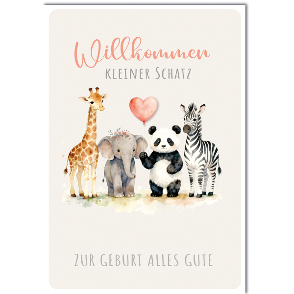 Geburt Baby A4-Format große Grußkarte mit Umschlag Tierbabys, Herzluftballon