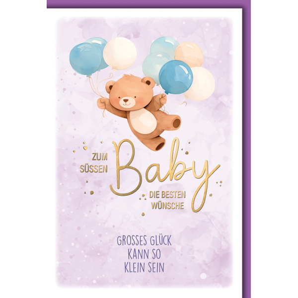 Geburt Baby Grußkarte mit Umschlag Teddy fliegt an Luftballons