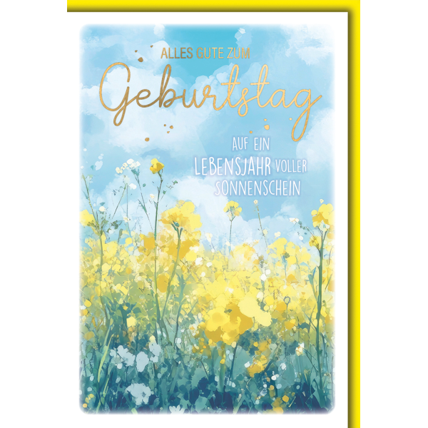 Geburtstag Grußkarte mit Umschlag gelbe Blumenwiese Aquarell