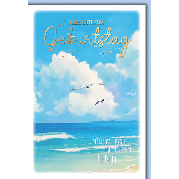 Geburtstag Grußkarte mit Umschlag Strand und Möwen Aquarell