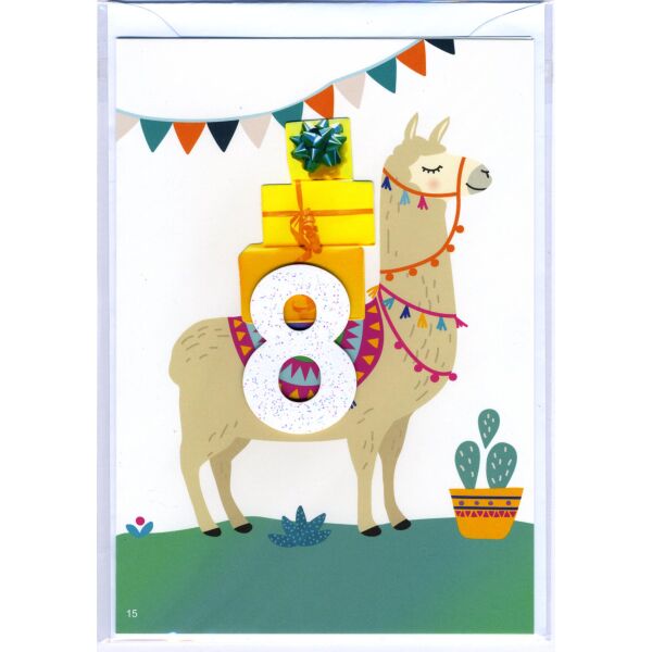 8. Geburtstag Glückwunschkarte mit Zahl 8 und Umschlag Partylama ohne Text