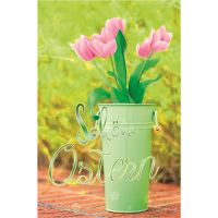 Ostern Glückwunschkarte mit Umschlag rosa Tulpen in grünem Eimer
