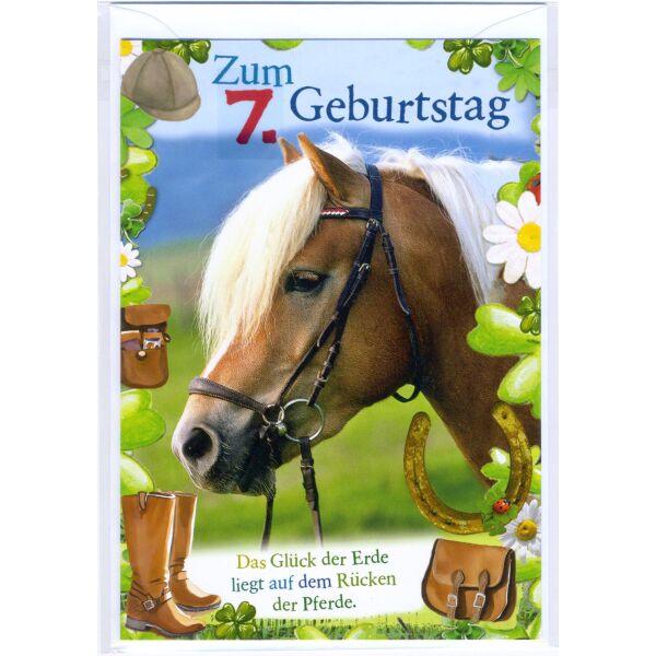 7. Geburtstag Glückwunschkarte mit Zahl 7 und Umschlag Pferd das Glück der Erde liegt auf dem Rücken der Pferde
