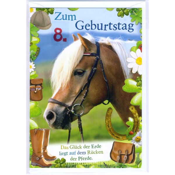 8. Geburtstag Glückwunschkarte mit Zahl 8 und Umschlag Pferd das Glück der Erde liegt auf dem Rücken der Pferde