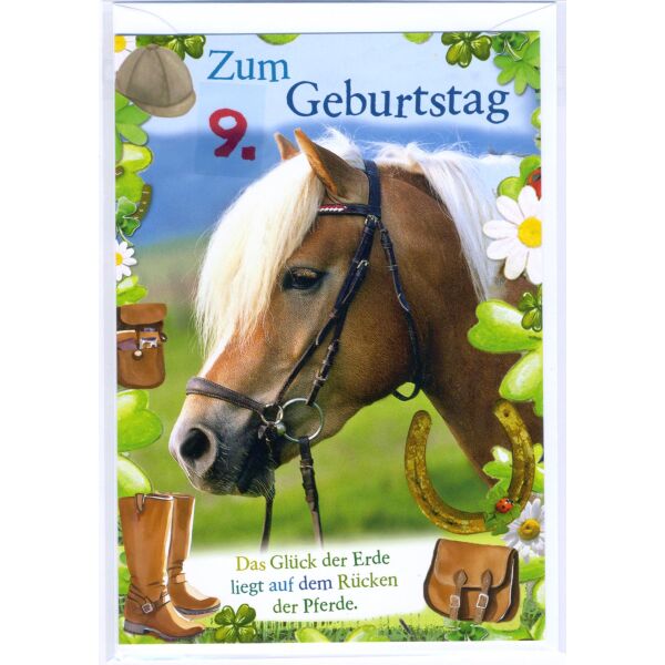 9. Geburtstag Glückwunschkarte mit Zahl 9 und Umschlag Pferd das Glück der Erde liegt auf dem Rücken der Pferde