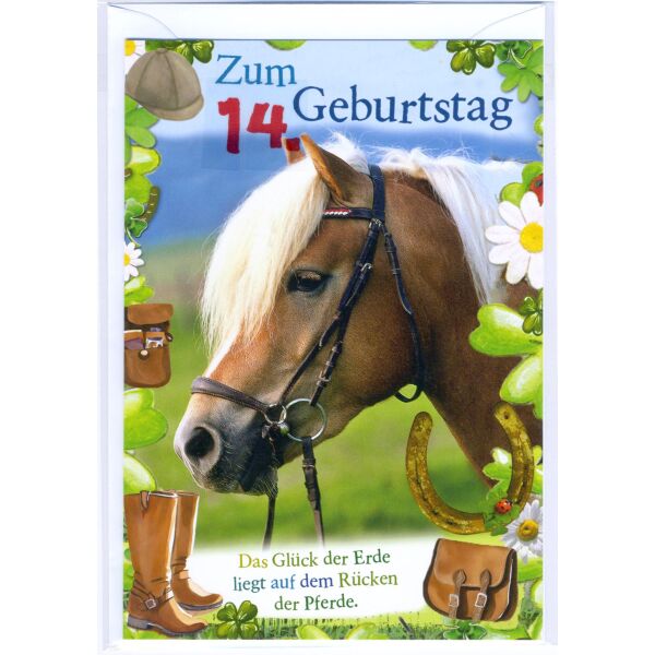 14. Geburtstag Glückwunschkarte mit Zahl 14 und Umschlag Pferd das Glück der Erde liegt auf dem Rücken der Pferde