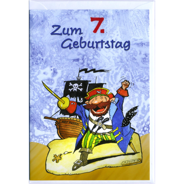 7. Geburtstag Glückwunschkarte mit Zahl 7 und Umschlag Pirat Piratenschiff Schatzkarte